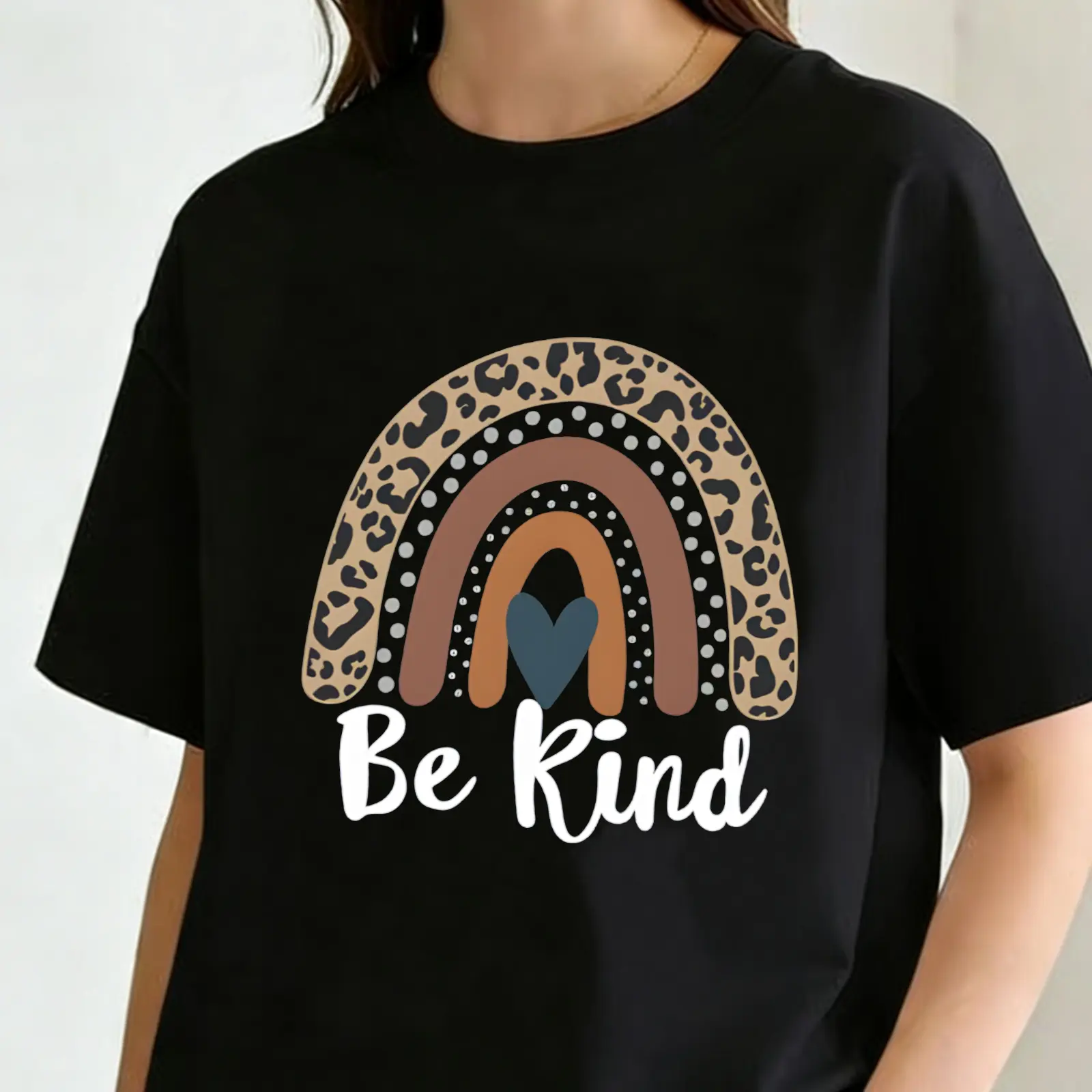 Women's Animal Print Rainbow Round Neck Short-Sleeve Casual Streetwear T-Shirt - Pastel Bohemian Style, Bee-Friendly Teacher Gift Top