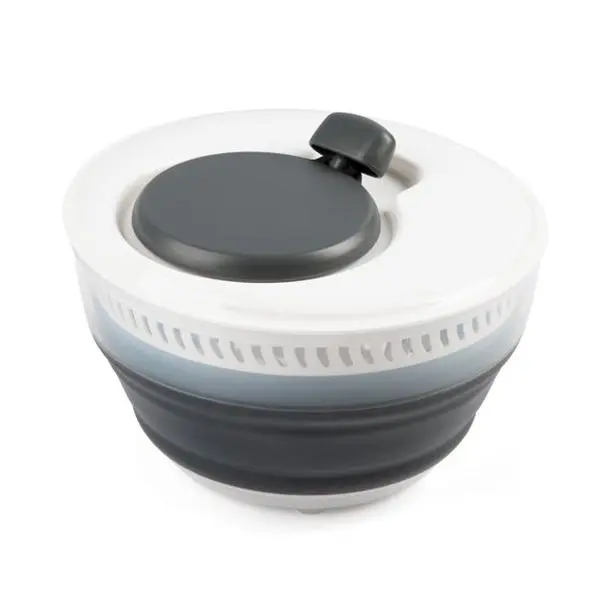 Collapsible Salad Spinner 3 Qt, Space-Saving Lettuce Dryer with Easy Handle, Manual Veggie Spinner with Colander Basket, Squeeze to Stop, Collapses Half for Kitchen Storage, White Gray