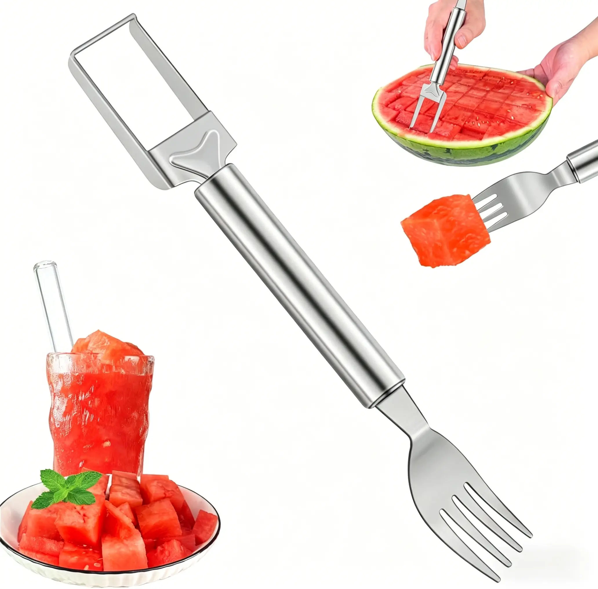 2-in-1 Sturdy Rust-Proof Stainless Steel Watermelon Slice Cutter Fork - Dual-Ended Blade Durable Fruit Tool, Quick Fruit Cube Cutter Kitchen Utensil for All Ages, Beach Trips