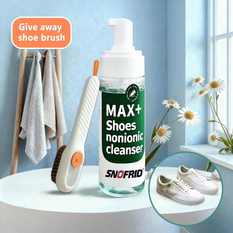 SNOFRID Shoe Cleaning Kit (6.8 oz) - Water-Free Foam Cleaner with Shoe Brush, Sneaker & Full Grain Leather Footwear Home Care Supplies