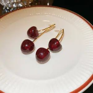 Niche Dark Red Resin Cherry Fruit Silver Needle Earrings Personality Fashion Simple Elegant High-end Sense Earrings for Women