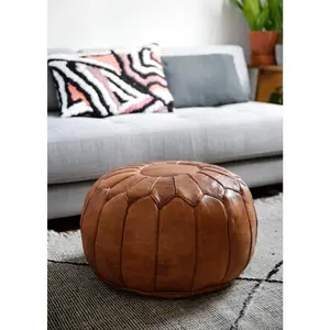 Toffee luxury round genuine leather pouf - 22" x 14"inches