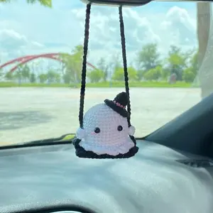 Crochet Ghost On A Swing Car Charm, Ghost With Witch Hat Swinging Car Mirror Hanger, Ghost Plushie Halloween Decor, Halloween Car Accessory