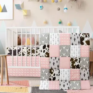 3 Piece Patchwork Crib Bedding Set for Boys Girls Cow Cactus Print Baby Bedding Barnyard Nursery Soft Baby Bed Set Includes Fitted Crib Sheet Bed Skirt (Cowgirls)