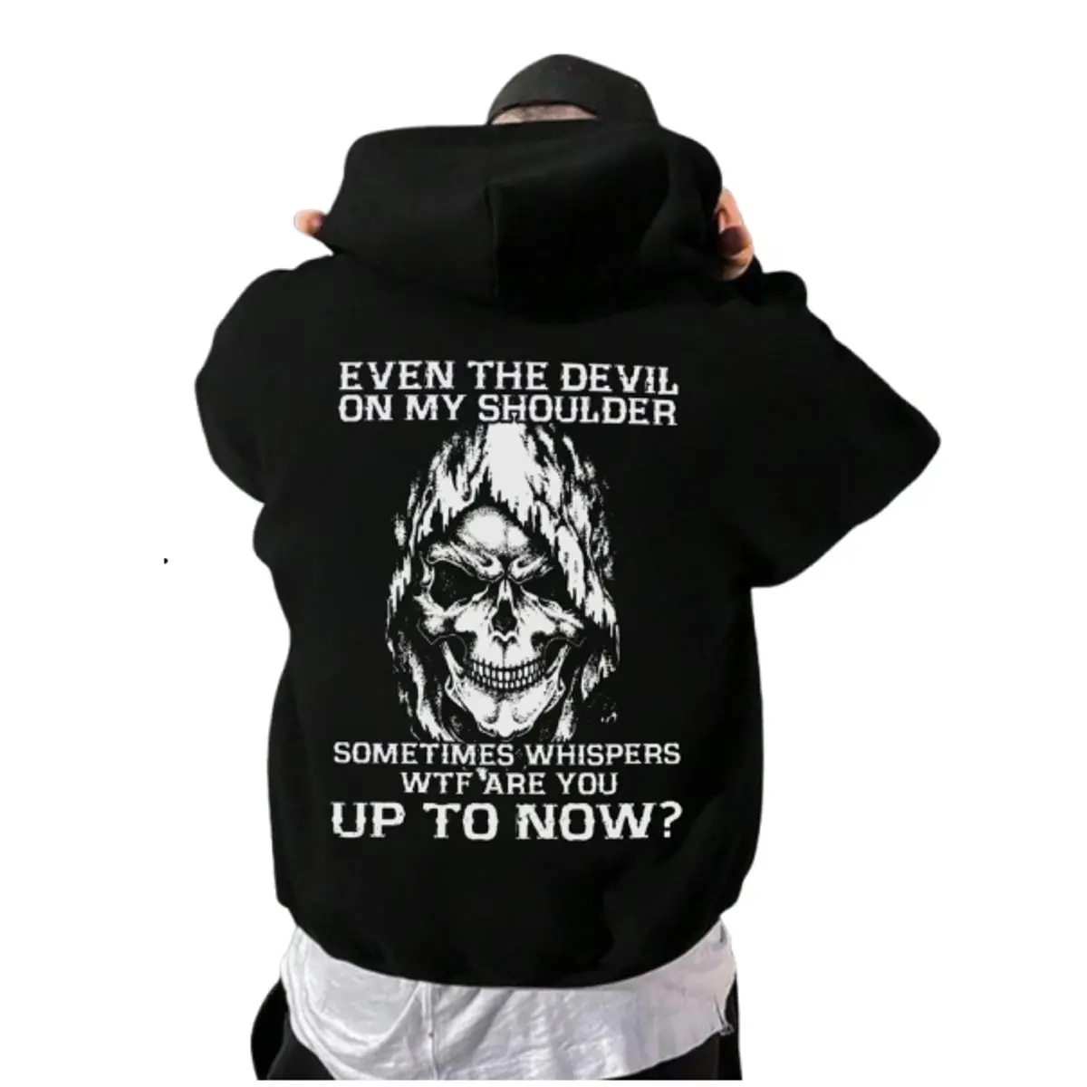 Even The Devil On My Shoulder Skull Print Men's T Shirt, Edgy Skull Grind Mindset Sweatshirt, Bold Hustle Aesthetic Hoodie, Hardcore Graphic Tee , Unisex Sweater Pullover Tee