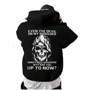 Even The Devil On My Shoulder Skull Print Men's T Shirt, Edgy Skull Grind Mindset Sweatshirt, Bold Hustle Aesthetic Hoodie, Hardcore Graphic Tee , Unisex Sweater Pullover Tee