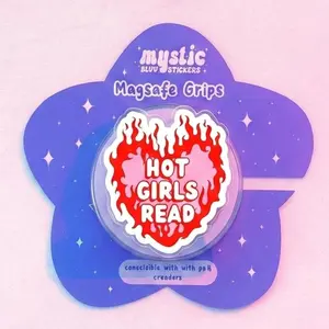 Hot Girls Read MagSafe Phone Grip - Aesthetic Flaming Heart Phone Stand, Magnetic Book Lover Accessory for Kindle & iPhone, Unique Reader Gift