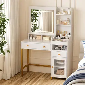 Vanity Desk with Lighted Mirror, Large Makeup Dressing Table Whit Power Outlet 2 Drawers 1 Cabinet and Open Storage Shelves for Bedroom Women Girls