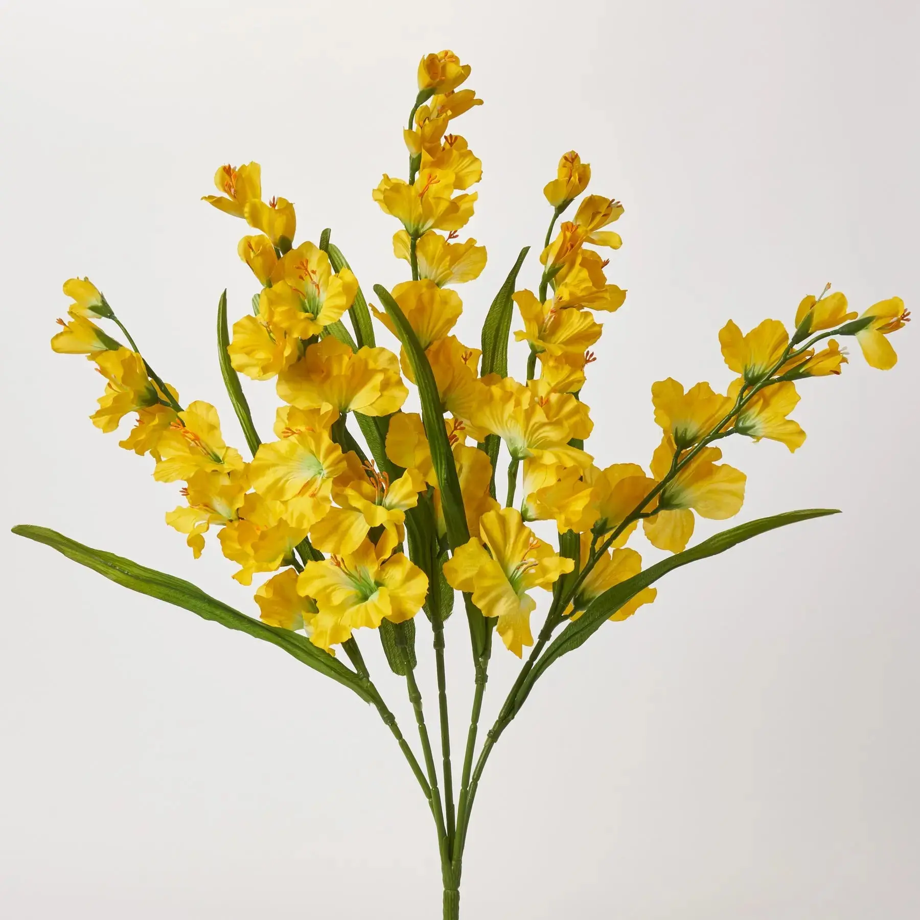 Bright Yellow Silk Faux Gladiolus Bush Bouquet - 28 in Flexible Stem, Large Blooms, Foliage, Decorative Floral Decor for Home Supplies