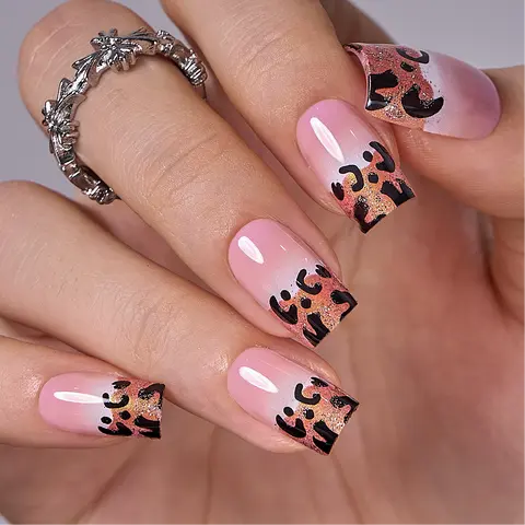 Stylish Elegant Leopard Print Press-On Nails | CurvLife Nail | 30pcs Short Square Fake Nails | Glossy Finish with Soft Gradient & Shimmery Spots | Easy to Apply, Comfortable & Long-Lasting | Ideal for Date Nights, Art Exhibits, Teas & Social Gatherings