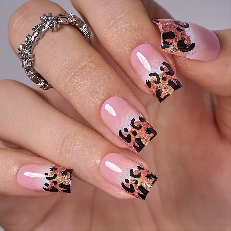 Stylish Elegant Leopard Print Press-On Nails | CurvLife Nail | 30pcs Short Square Fake Nails | Glossy Finish with Soft Gradient & Shimmery Spots | Easy to Apply, Comfortable & Long-Lasting | Ideal for Date Nights, Art Exhibits, Teas & Social Gatherings