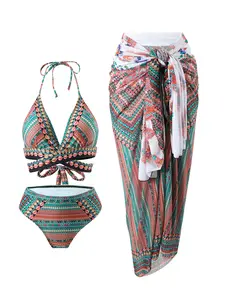 Three-Piece Set Women's All Over Print Bikini Set, Boho Fashion Chic Sun Protection Swimming Suit Set for Beach Holiday Vacation, Ladies Swimsuit for All Seasons, Swimsuit Style