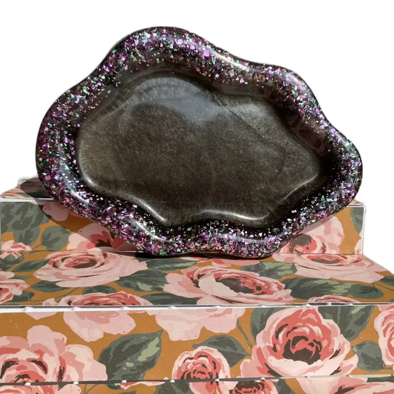 Wavy Trinket Tray with Glittery Purple Accents and Floral Design Base
