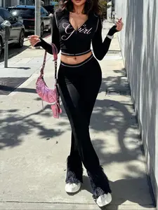 【LovelyWholesale】Two-piece Set Women's Colorblock Letter Print Zip Up Crop Jacket & High Waist Flare Leg Pants, Casual Fashion Cozy Breathable Outfits for Yoga Gym Workout, Ladies Sportswear for Fall