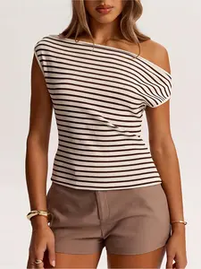 Striped Knit Off-Shoulder Top, Asymmetrical Hem, Casual Daily Wear, Comfortable & Stylish, Perfect for Everyday