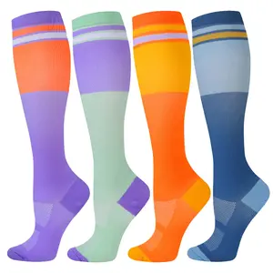 ISUNIE 4 Pairs 15-20 mmHg Rainbow Stripe Compression Socks for Men & Women, Knee-High, Leg Support, Athletic Support, Comfortable Compression, Running, Training, Walking, Outdoor, All-Day Comfort