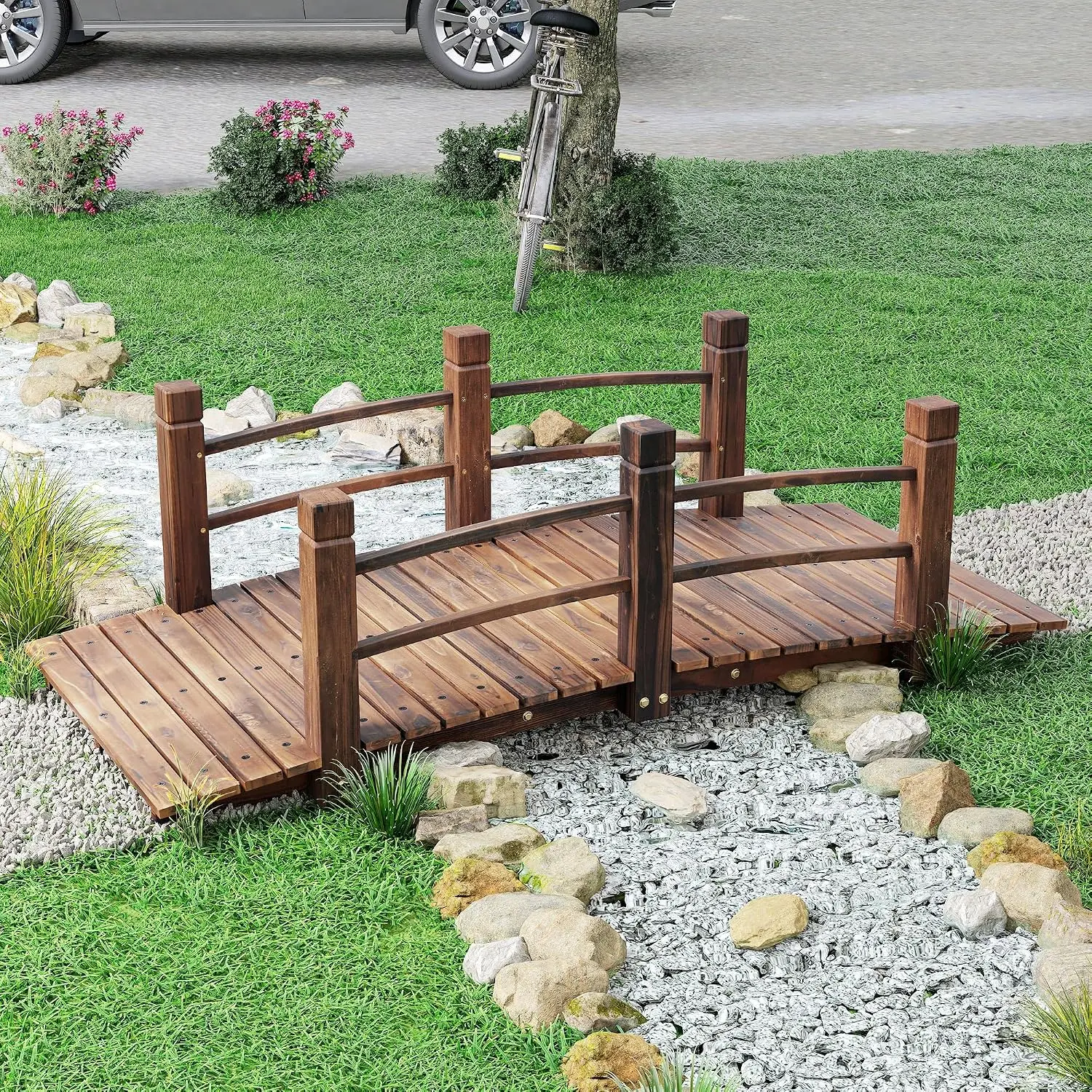 Crestholm 5ft Fir Wood Garden Bridge, 400 lbs, Arched Walkway with Curved Side Rails, Rot & Crack-Resistant Stained Finish for Backyard Pond, Stream, Garden Path