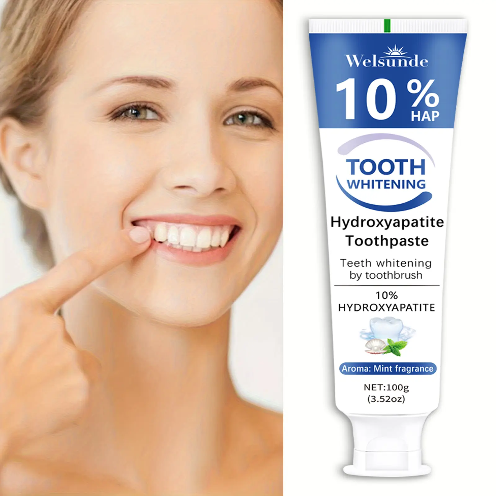 Welsunde 10% Hydroxyapatite (nHAP) Toothpaste for Adults, 100g Minty Oral Care with Peppermint Essential Oil, Gentle Whitening, Gum Care, Deep Cleansing, Stain & Plaque Remover, Alcohol Free, Daily Use, Contains Neither Excess Additives, Single Item