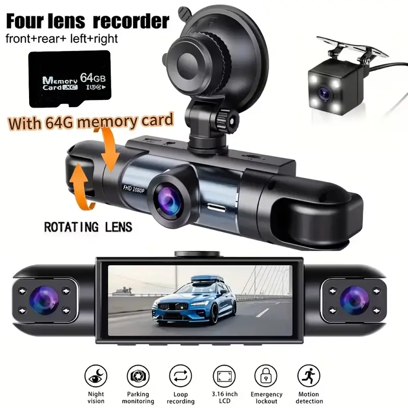 4 Channel 1080P Dash Cam Auto Accessories, 360-Degree Coverage Front Rear Left Right Views Cam Wide Angle, Parking Monitor, G Sensor, 64GB Micro SD Card Easy-Install Vehicle Recorder for Car Safety