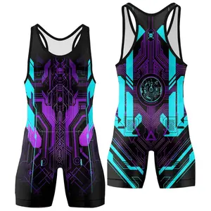 BattleFitGear Cyberpunk Ultraviolet Wrestling Singlet – Men's Compression Fightwear for BJJ, MMA, Grappling & Gym Warriors