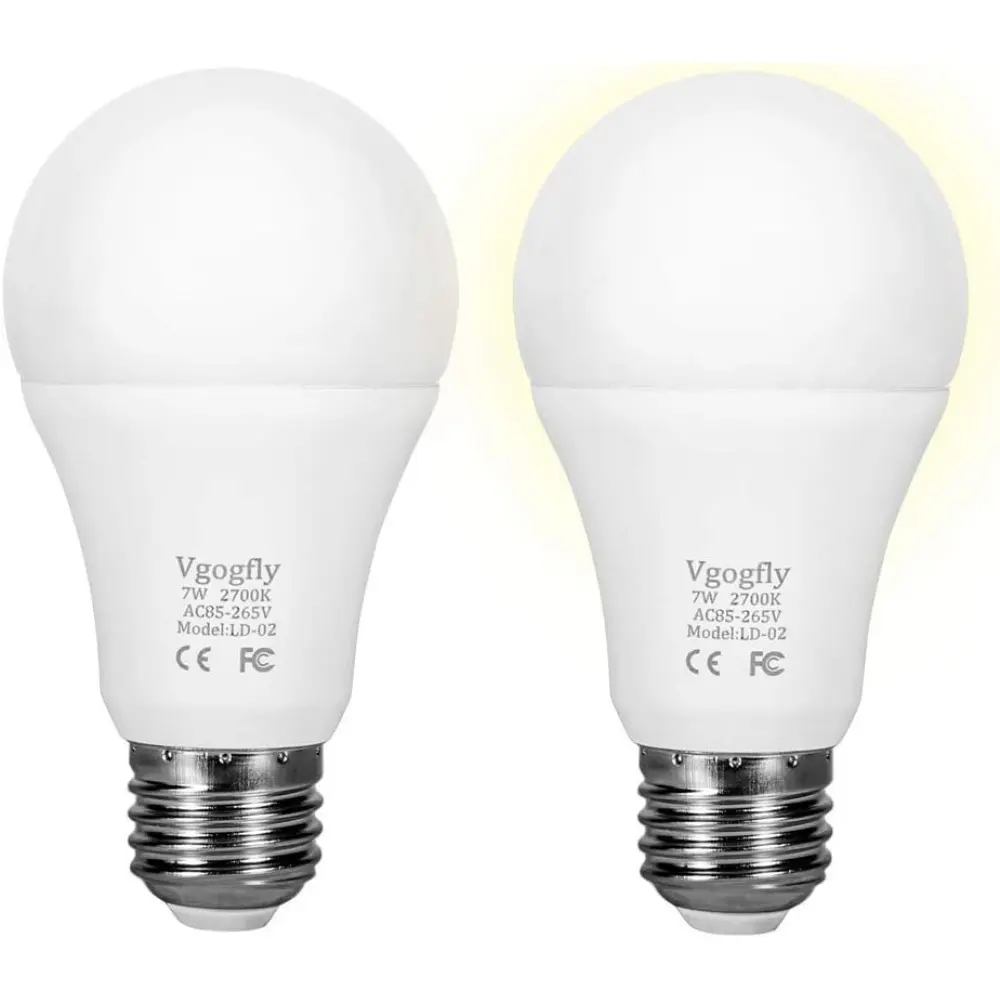 7W E26/E27 Dusk-to-Dawn Smart Sensor LED Bulbs, Auto Switch Indoor/Outdoor Lighting for Stairs Basement Yard (Warm White, 2-Pack)