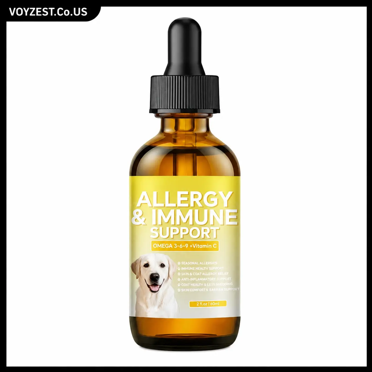 Dog Allergy & Immune Support Liquid Drops, Omega 3-6-9 + Vitamin C, Turmeric Evening Primrose Oil Natural Supplement, allergy relief skin health itchy skin for All Breeds Dogs, 2fl oz 60ml 24-month shelf life