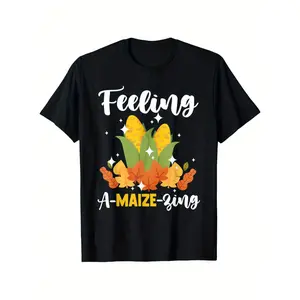 Men's Funny Corn Graphic T-Shirt - Feeling a Maize-ing Saying - Cotton Tee - Black Shirt with Yellow Corn & Maize Design - Thanksgiving Party Outfit - Perfect Corn Lover Gift - Casual Casual Attire - Breathable & Machine Washable