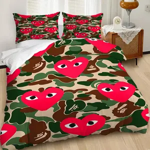 Camo Heart Print Duvet Cover Set, Decorative Duvet Cover, Bedding Set, Stylish Camouflage Design for Bedroom Makeover, Soft and Cozy Microfiber Material, Includes 1 or 2 Pillowcase - No filling/Zipper Closure