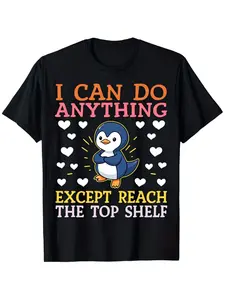 Funny Penguin & Hearts Graphic T-Shirt | Cute Penguin Print with Hearts & Bookworm Design, Crew Neck Loose Tee for Men & Women, All-season