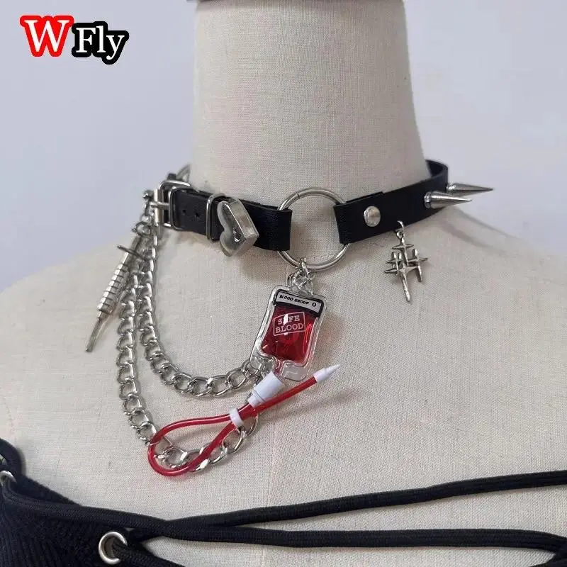 Harajuku Hot Girl Lolita Sweetheart Disease Nurse Needle Cross Medical Subculture Leather Buckle chain Blood bag Collar necklace