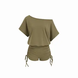 Cider Asymmetrical Neck Drawstring Ruched Tie Back Romper
