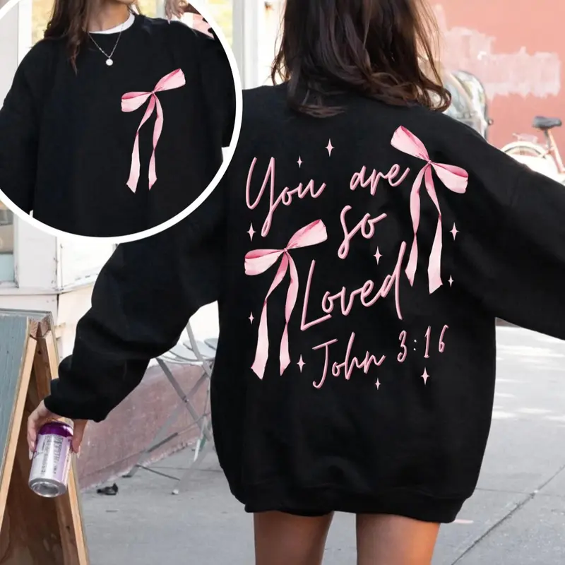 Women's Letter & Bow Print Crew Neck Cozy Sweatshirt, Casual Long Sleeve Pullover for Fall & Winter, Women's Clothes for Daily Wear Tops