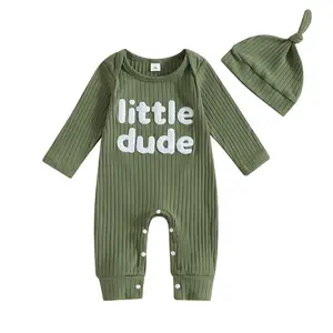 0-18M Little Dude Baby Boy Ribbed Romper Casual Letter Embroidery Long Sleeve Jumpsuit and Hat for Newborn Infant Fall Outfits