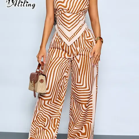 Aliling Two-Piece Summer Aesthetic Sexy Casual Women's Striped Long Pants Set, Scarf Neck Strapless Off-Shoulder Asymmetrical Top and High-Waisted Wide Leg Pants
