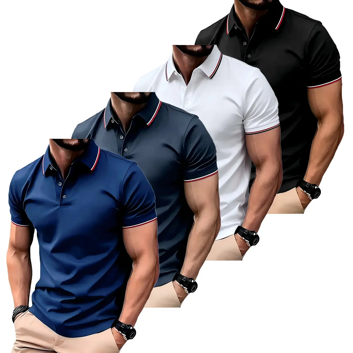 4-pack men’s casual loose-fit polo shirts with contrast double striped collar and cuffs, 100% polyester, 150 GSM solid color short-sleeve golf T-shirts—an alternative to formal men’s short-sleeve shirts.