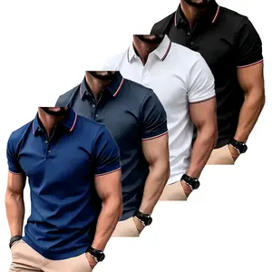 4-pack men’s casual loose-fit polo shirts with contrast double striped collar and cuffs, 100% polyester, 150 GSM solid color short-sleeve golf T-shirts—an alternative to formal men’s short-sleeve shirts.