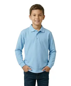 Boy's Premium Quality Uniform Pique Polo Shirt Long Sleeve Shirt Sky Blue 5-18 BSU02