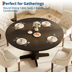 47 Inch Round Farmhouse Dining Table for 4 – Sturdy Wood Pedestal – Space-Saving, Easy Assembly, Ideal for Kitchen, Dining Room, or Living Room