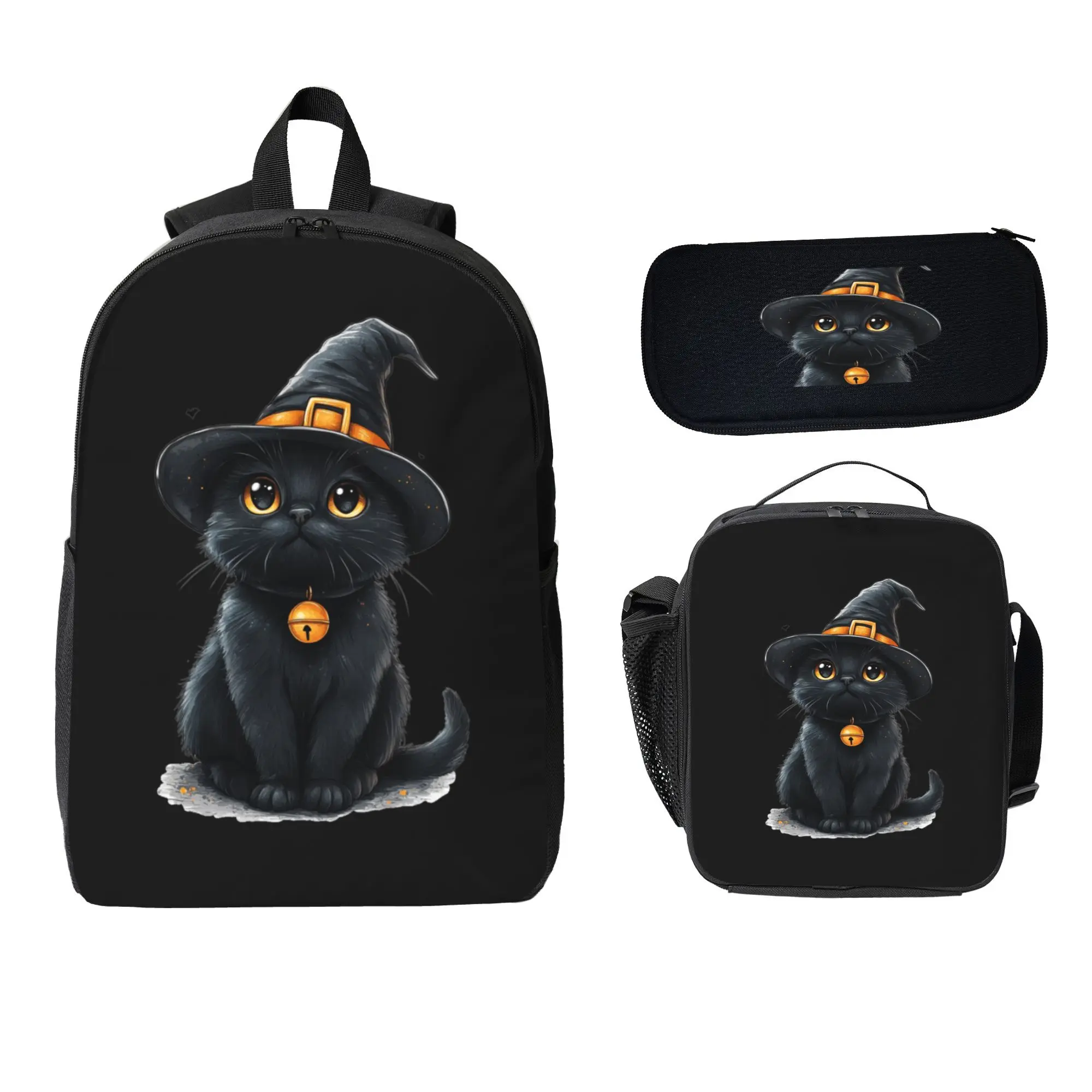 Halloween Witch Black Cat Backpack Set 3 Pieces, Cute Spooky Cartoon Kitten Bookbag with Insulated Lunch Bag Pencil Case, Gothic Witchy Aesthetic Back to School Backpack for Teen Girls Kids