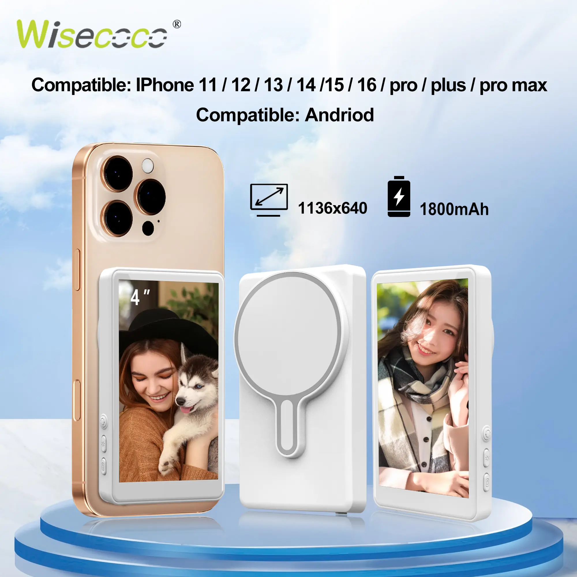 WISECOCO MagSafe Magnetic Vlog Selfie Monitor with Rear Camera Mount, Wireless Connection for iPhone & Android, Retractable Stick, Ring Light, Gimbal Stabilizer, Iconic Mirror (Mobile Phone Accessories)