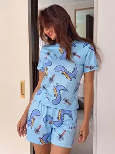 Soft Modal Blue Dinosaur Pajama Set Women's Casual Short Sleeve Sleepwear Set Cute, Playful Cartoon, Aesthetic, Soft Modal, Casual, Cozy
