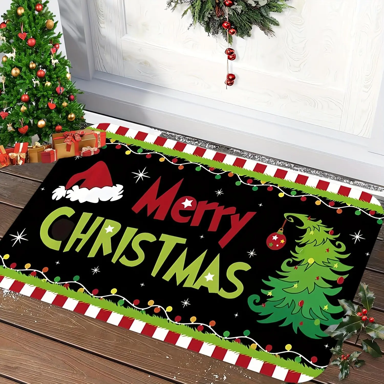 1pc Red And White Striped Santa Hat And Christmas Tree Design Welcome Mat - Non-Slip, Machine Washable, Suitable for Entrance Door, Bathroom, Kitchen, Bedroom, Laundry Room, Etc., Room Decoration, Home Decoration, Christmas Holiday Decoration