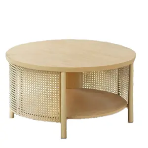 Giratree 31.5" Round Coffee Table, 2-Tier Iron Rattan Design, High-Quality MDF+Iron Frame, for Living Room/Office/Cafe, Boho Modern Style