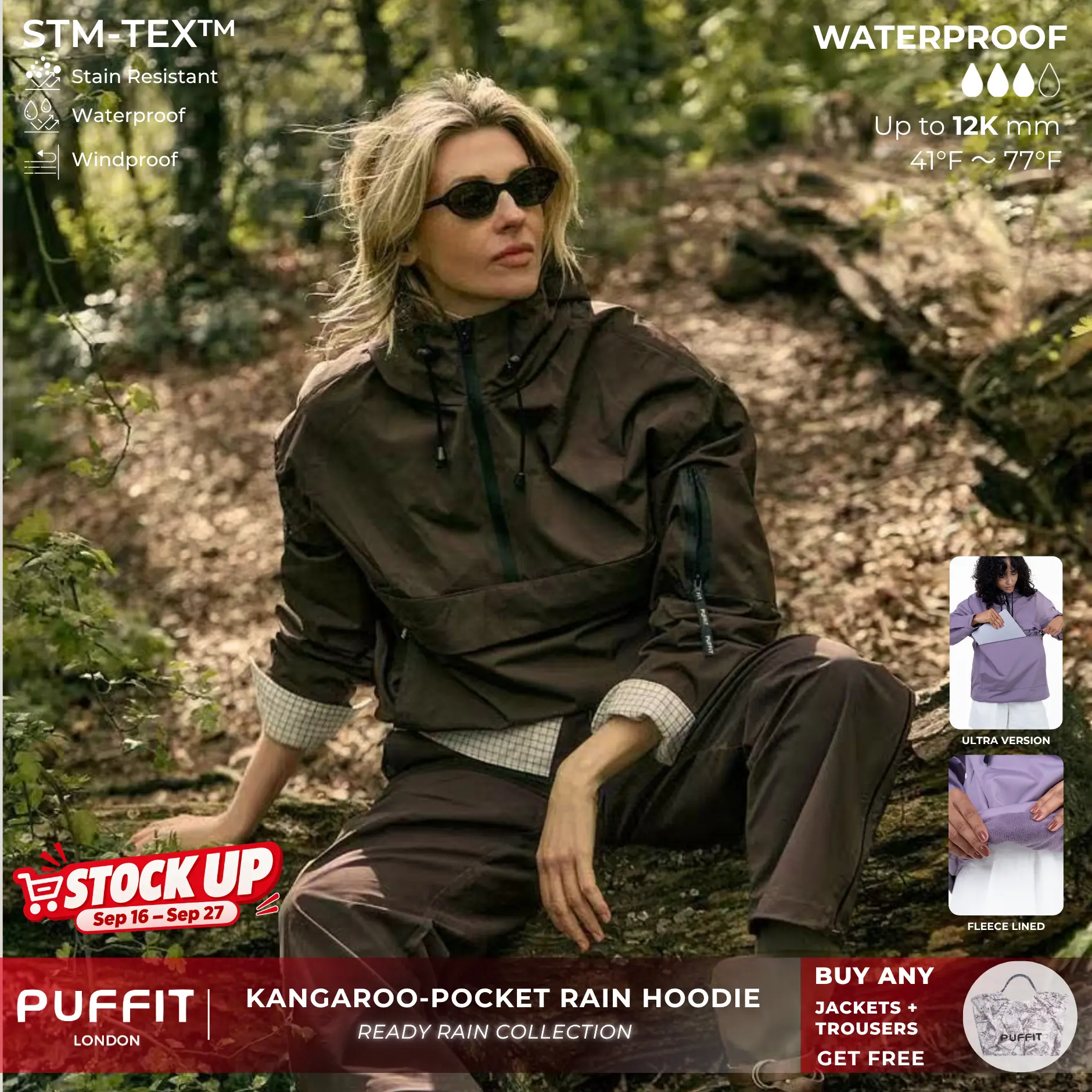 【Restocked】PUFFIT STM-TEX Waterproof Relaxed Fit Hoodie Coat Warm Half Zip Rain Jacket With Adjustable Waist,Hood & Cuffs,Large Kangaroo Pocket,Shell Jacket,Ski Jacket,Windbreaker,Fall&Winter Jacket ,Dog Walking,School Running,Womenswear,2026 Shopping