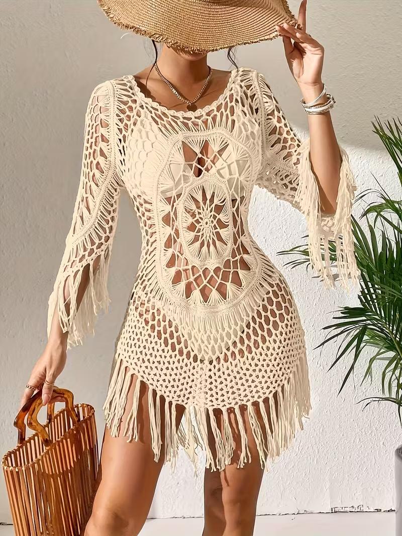2026 New Hand-Crocheted Beach Skirt with Tassels & Floral Hollow-Out Camisole Set for Women's Beach Cover-Up Style Lightweight & Breathable