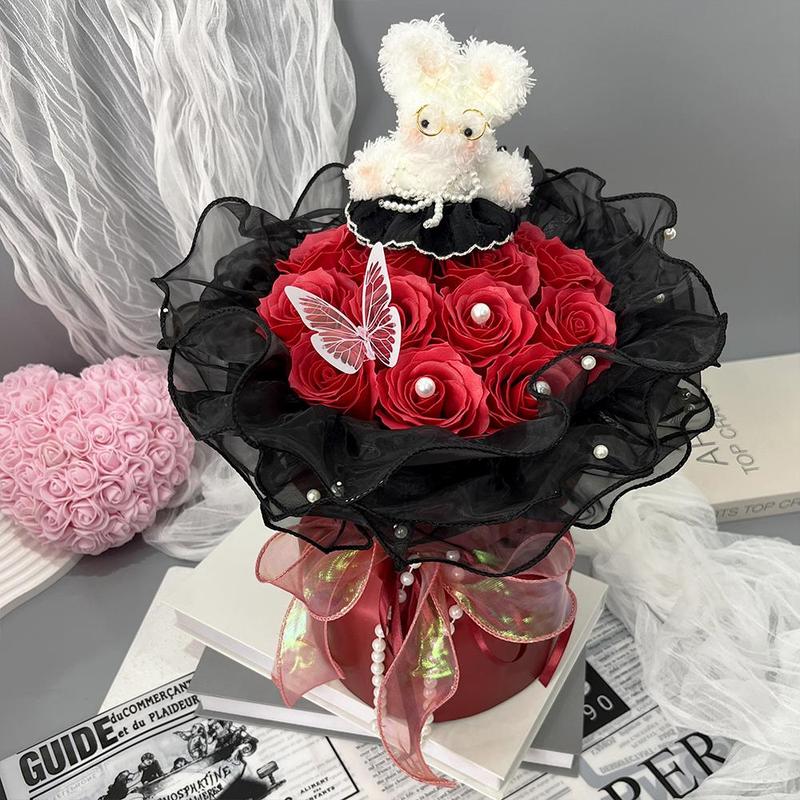 Artificial Rose Soap Flower Bouquet, 1 Count Romantic Lace Faux Rose Flower Bouquet, Gift for Women, Birthday Gift, Party Decoration