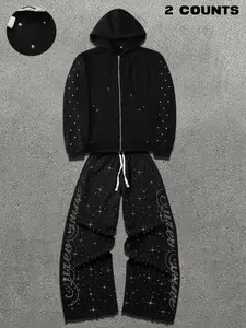 Men's Fashion Street Style Rhinestone Hoodie Set, Zipper Jacket & Comfortable Breathable Pullover, Spring & Fall Casual Wear, Hooded Sweatshirt Set