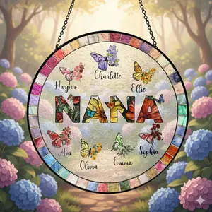 Personalized Nana Glass Suncatcher, Mother's Day Gift for Grandma, Custom Butterfly & Birth Month Flower with Grandkids’ Names, Mom Gifts