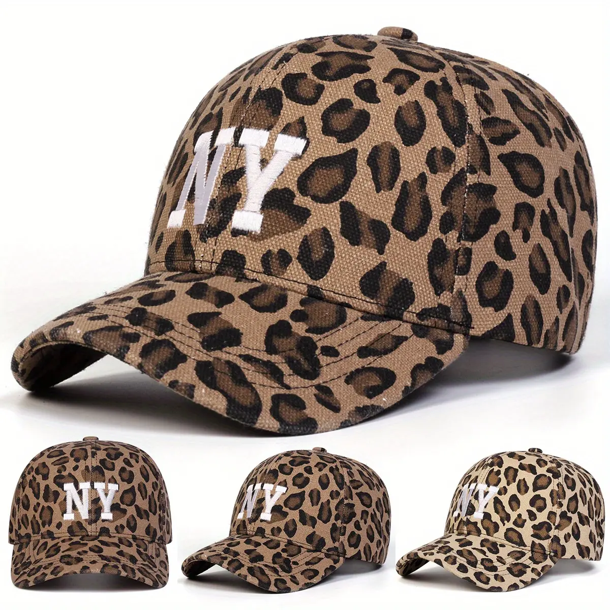 1-Pack Women's NY Leopard Print Baseball Cap Adjustable Sun Hat with Wide Brim for Outdoor Travel, Beach Vacation & Casual Outings, Beach Hat