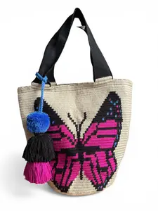 Wayuu XL Butterfly Handwoven Tote Bag Inner lining, sliding and ornament (pompom)